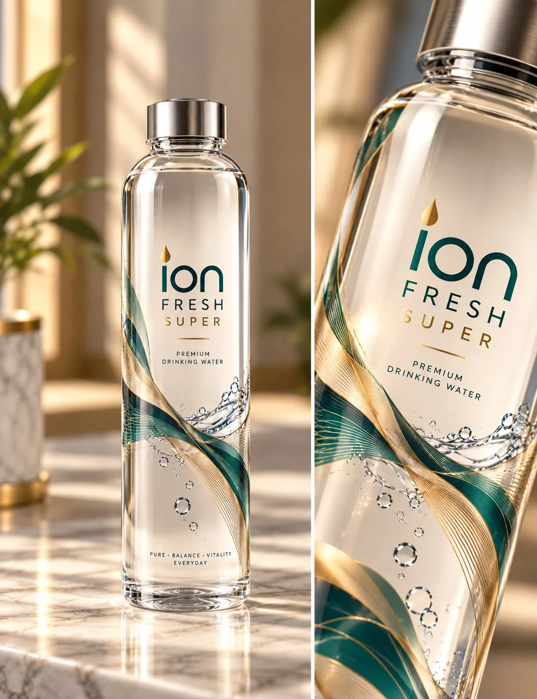 Premium bottle and close-up of the wave print