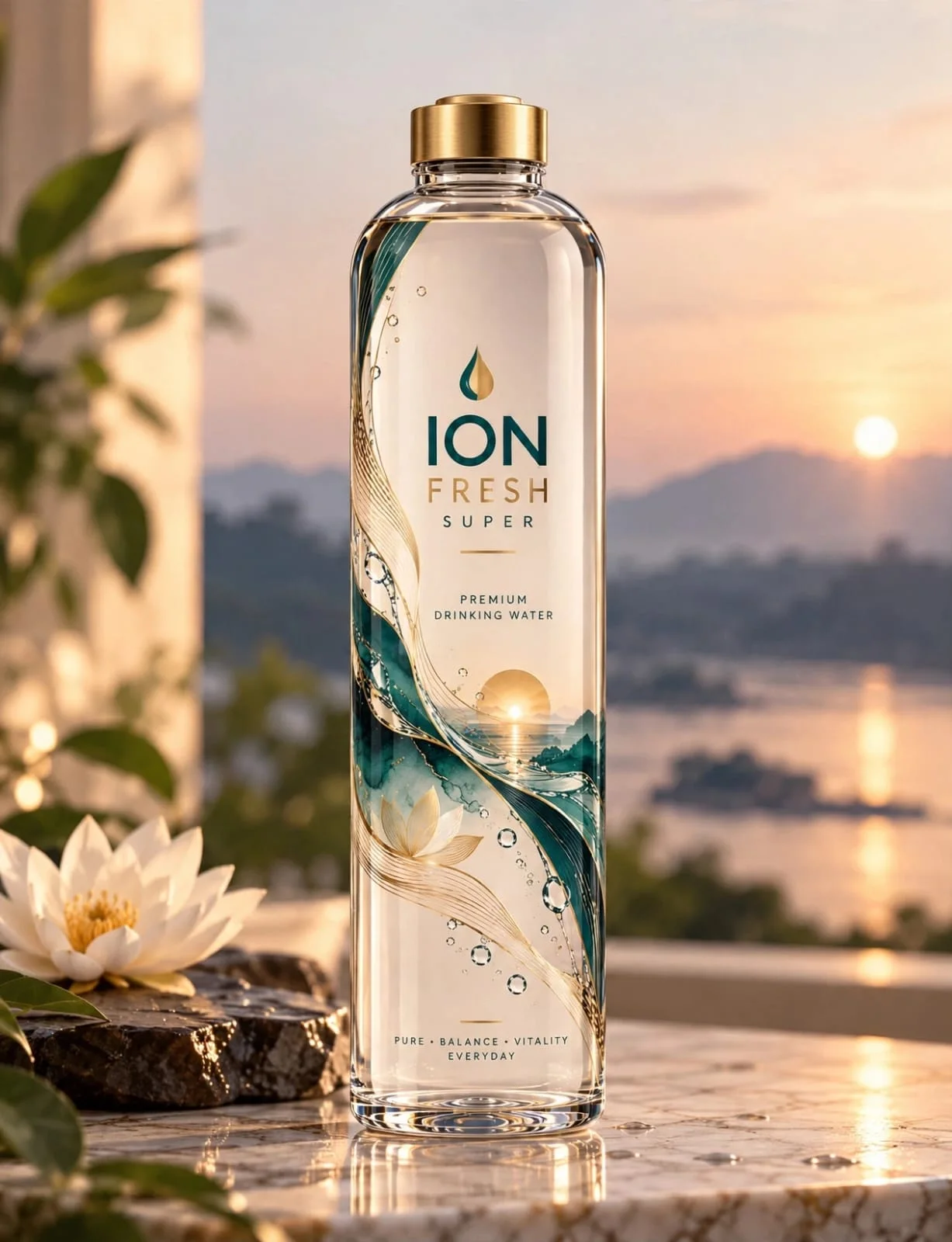Premium clear bottle with emerald and gold wave print and gold cap