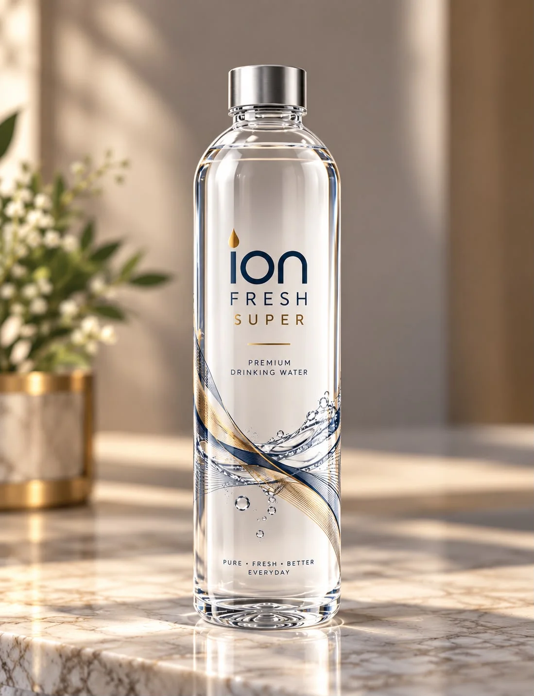 Premium clear bottle with gold and navy wave print and silver cap