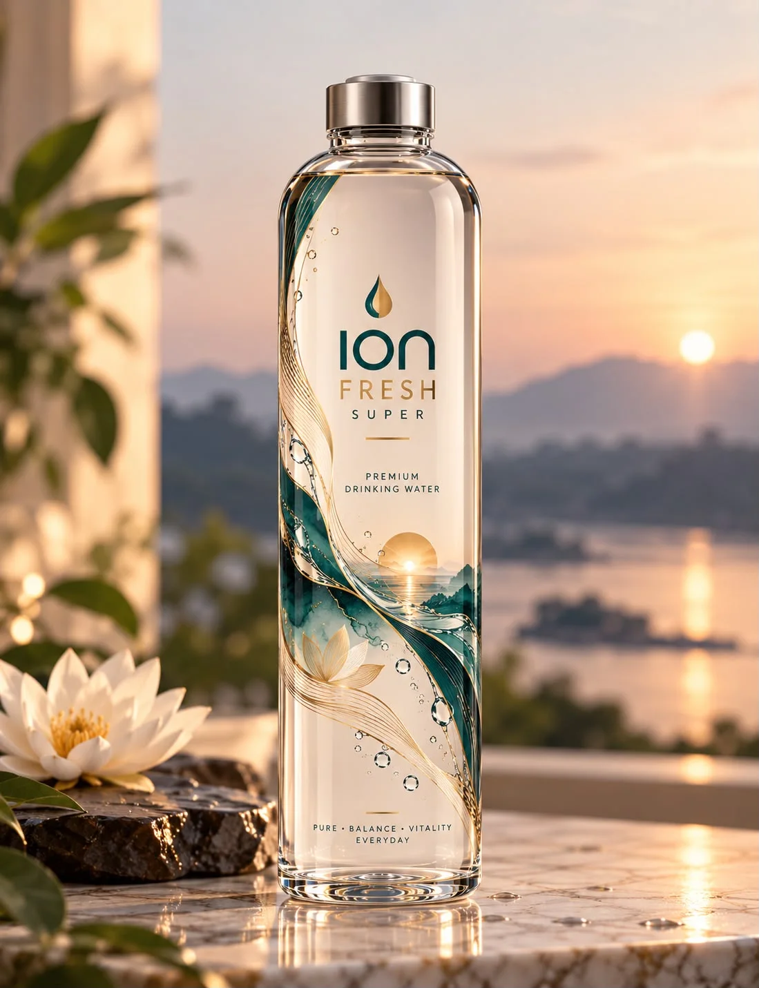 Ion Fresh Super premium bottle at sunset beside a lotus